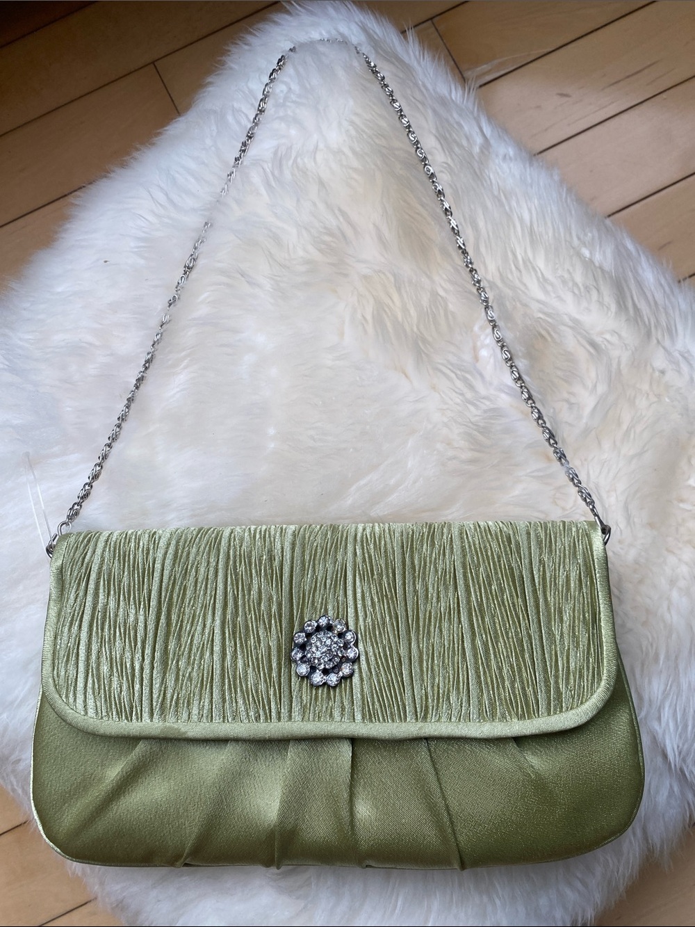 Green Satin Fabric Evening Clutch with Crystal Brooch and removable chain 9”x5”